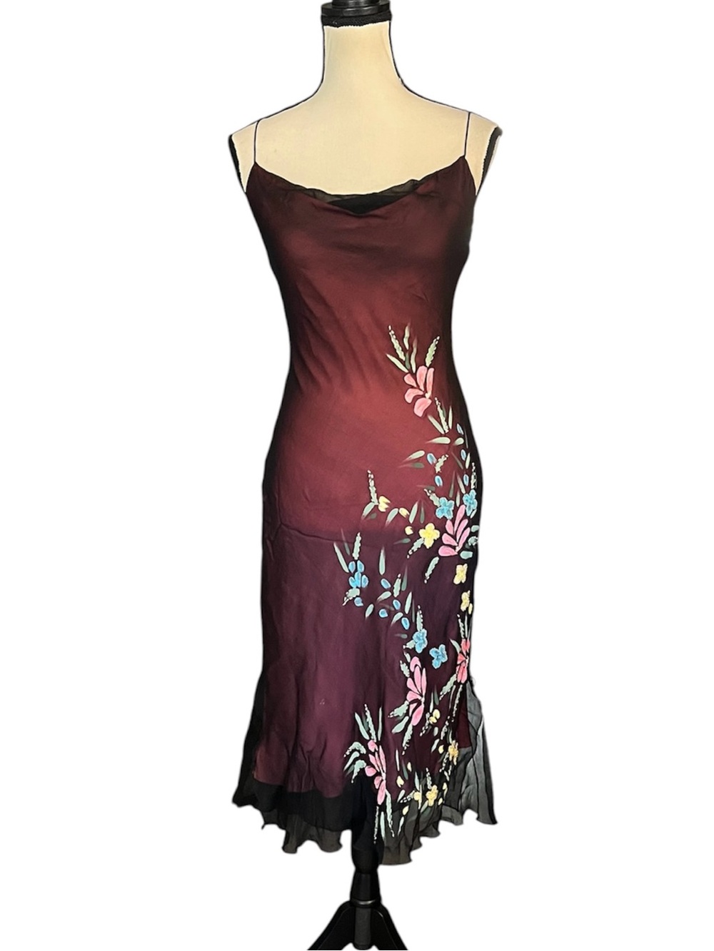Vintage Betsey Johnson New York Silk Sheer Mesh Painted Beaded Floral Slip Dress - Picture 2 of 14